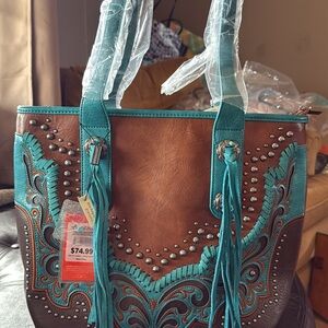 Brown and Teal Embroidered Women's Bag